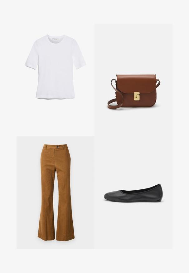 Weißes kurzärmliges T-Shirt aus geripptem Stoff. Runder Halsausschnitt, normale Passform und dezente Nähte. Keine Muster oder Grafiken.; Braune, ausgestellte Hosen aus strukturiertem Stoff, mit einem Knopfverschluss und einem schlichten Taillendesign.; Schwarze Leder-Ballettschuhe mit abgerundeter Spitze, glatter Textur, minimalen Nähdetails und einem flexiblen Sohlen-Design.; Braune Ledertasche mit Klappenverschluss, Beschlägen in Goldfarbe, einem Schultergurt und einer glatten Oberfläche. Kompakte rechteckige Form.