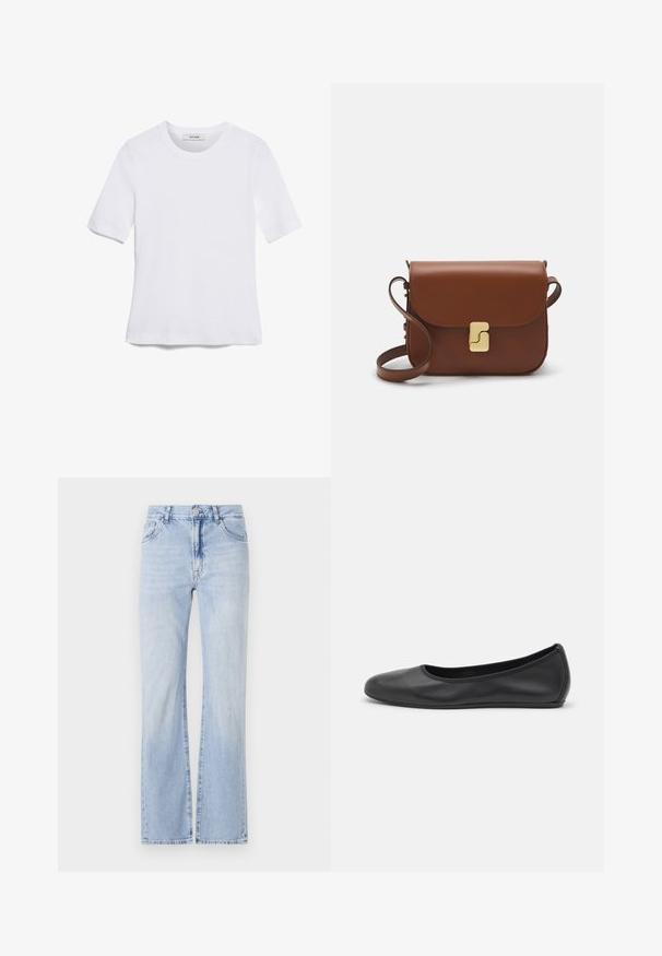 Balta trumpa rankovėmis marškinėliai, pagaminti iš pasiruošusio audinio. Apvali iškirptė, reguliari tinkamumas ir subtilūs siuvimo detalės. Be raštų ar grafikos.; Šviesiai mėlynos džinsinės kelnės su flared kirpimu, penkių kišenių dizainu, diržo kilputėmis ir sagos uždarymu. Minkšta tekstūra su subtiliu blukimu.; Juodai odiniai baletai su apvaliu pirštu, lygi texture, minimalus siuvimo detales ir lanksčiu padų dizainu.; Ruda odinė rankinė su uždaromu dangteliu, aukso spalvos detalėmis, petneša ir lygiu paviršiumi. Kompaktiška stačiakampio formos.