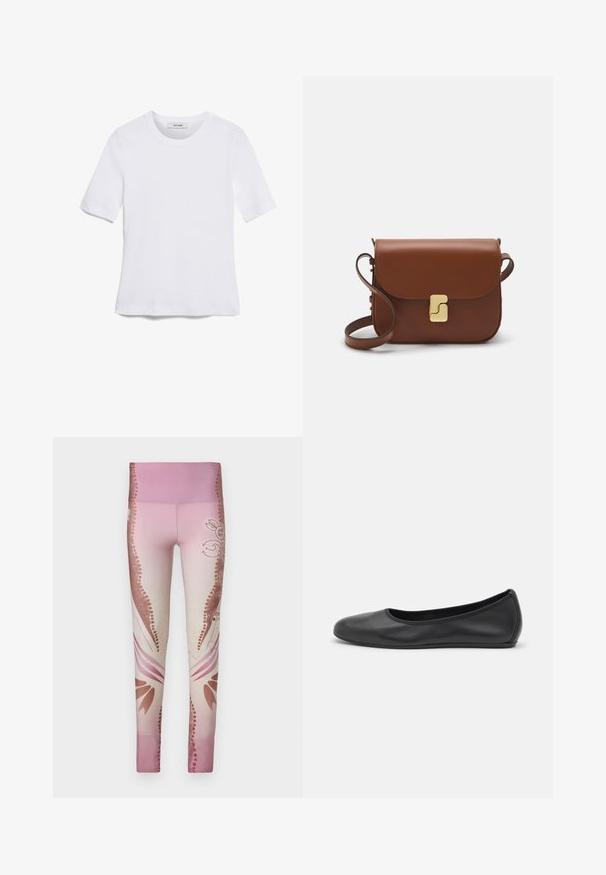 Balta īsām piedurknēm T-krekls, izgatavots no ribota auduma. Apaļš izgriezums, regulāra piegriezuma un diskrēti šuvumu detaļas. Bez printiem vai grafikām.; Rozā legingi ar gradientu no gaišas uz tumšu, ar ziedu rakstiem un dekoratīviem akcentiem sānos. Gluda tekstūra.; Melna ādas baleta kurpe ar noapaļotu purngalu, gludu tekstūru, minimālu šuvju detalizāciju un elastīgu zoles dizainu.; Bordo ādas rokas soma ar atloku, zeltītām detaļām, plecu siksnu un gludu virsmu. Kompakta, taisnstūrveida forma.