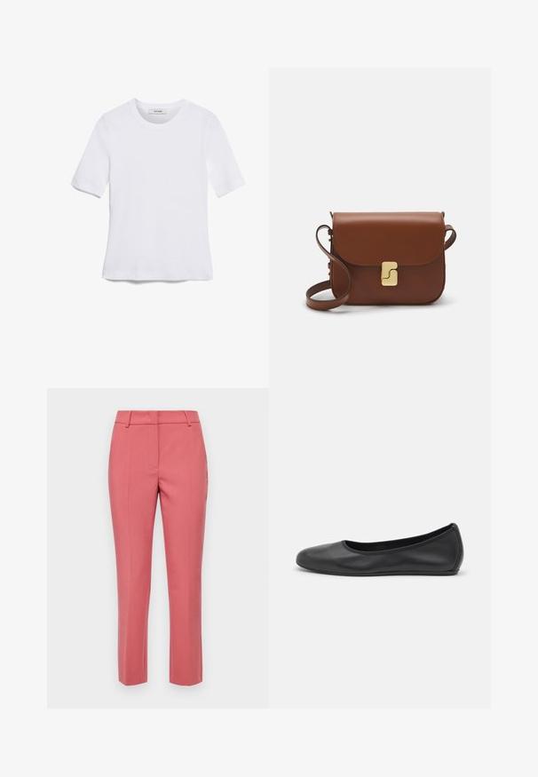 Bílá tričko s krátkým rukávem vyrobené z žebrované tkaniny. Kulatý výstřih, normální střih a jemné detaily šití. Bez vzorů nebo grafik.; Růžové kalhoty na míru s úzkým střihem, vybavené bočními kapsami, hladkou texturou a rovnými nohavicemi.; Černé kožené baletní byty s kulatou špičkou, hladkou texturou, minimálními švy a flexibilním designem podrážky.; Hnědá kožená kabelka s klopou, zlatými kovovými detaily, ramenním popruhem a hladkým povrchem. Kompaktní obdélníkový tvar.