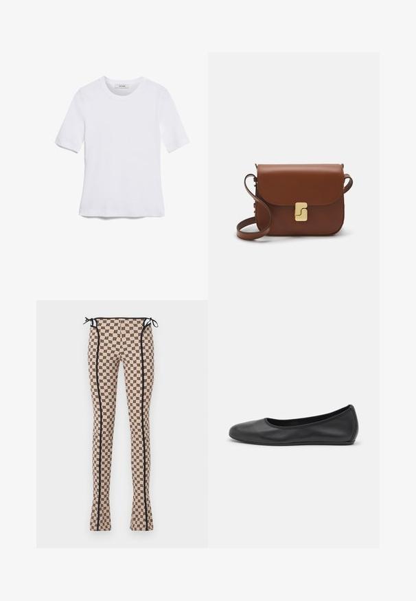 Balta īsām piedurknēm T-krekls, izgatavots no ribota auduma. Apaļš izgriezums, regulāra piegriezuma un diskrēti šuvumu detaļas. Bez printiem vai grafikām.; Rakstainas legingi gaiši persiku tonī ar melnu logotipu, ar melnām sānu šuvēm un saitēm jostasvietā. Platāka forma.; Melna ādas baleta kurpe ar noapaļotu purngalu, gludu tekstūru, minimālu šuvju detalizāciju un elastīgu zoles dizainu.; Bordo ādas rokas soma ar atloku, zeltītām detaļām, plecu siksnu un gludu virsmu. Kompakta, taisnstūrveida forma.