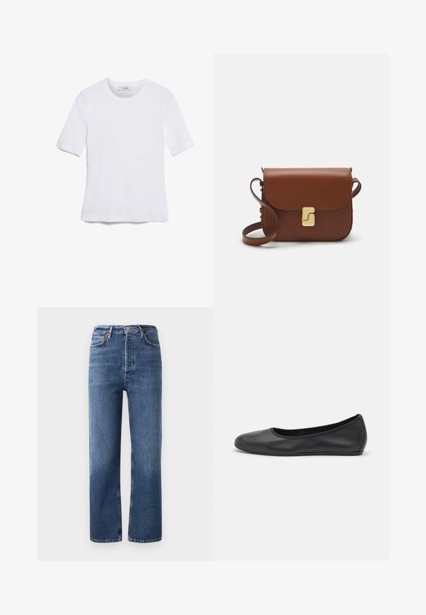 T-shirt de manga curta branca feita de tecido canelado. Decote redondo, ajuste regular e detalhes de costura subtis. Sem padrões ou gráficos.; Jeans de cintura alta azuis feitos de denim, com corte reto, cinco bolsos e acabamentos em tom cobre. Textura suave e design clássico.; Bailarina preta em pele com bico arredondado, textura suave, detalhe de costura minimalista e design de sola flexível.; Bolsa de couro castanho com fecho de aba, decoração em tom dourado, alça de ombro e textura suave. Formato retangular compacto.