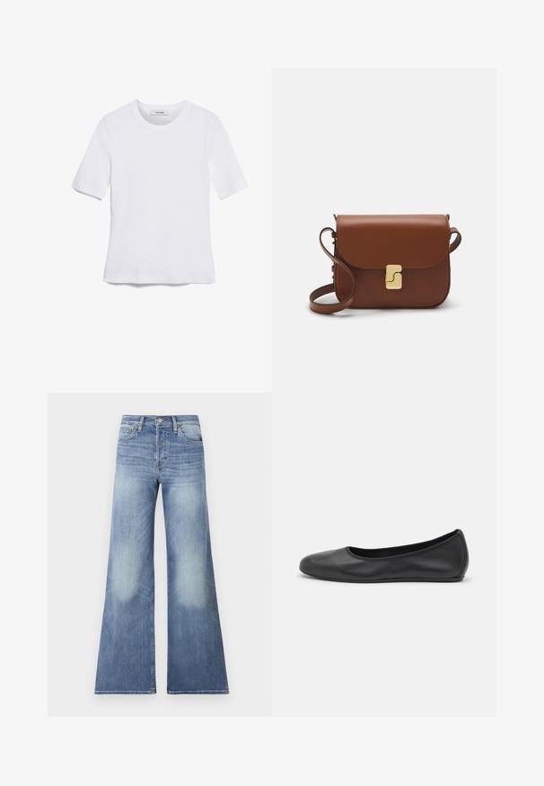 Balta trumpa rankovėmis marškinėliai, pagaminti iš pasiruošusio audinio. Apvali iškirptė, reguliari tinkamumas ir subtilūs siuvimo detalės. Be raštų ar grafikos.; Šviesiai mėlynos džinsinės plačių kojų kelnės su aukštu liemeniu, puošiančios dėvėjimo ženklai ir siuvinėjimo akcentai, sukurtos patogiam prigludimui.; Juodai odiniai baletai su apvaliu pirštu, lygi texture, minimalus siuvimo detales ir lanksčiu padų dizainu.; Ruda odinė rankinė su uždaromu dangteliu, aukso spalvos detalėmis, petneša ir lygiu paviršiumi. Kompaktiška stačiakampio formos.