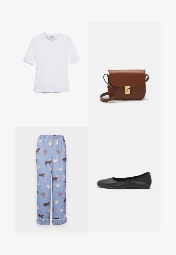 White short-sleeve t-shirt made of ribbed fabric. Round neckline, regular fit, and subtle stitching details. No patterns or graphics.; Blue pajama pants with a whimsical pattern featuring cows, mythical creatures, and celestial elements; elastic waistband and wide legs.; Black leather ballet flat with a rounded toe, smooth texture, minimal stitching detail, and a flexible sole design.; Brown leather handbag with a flap closure, gold-tone hardware, a shoulder strap, and a smooth texture. Compact rectangular shape.