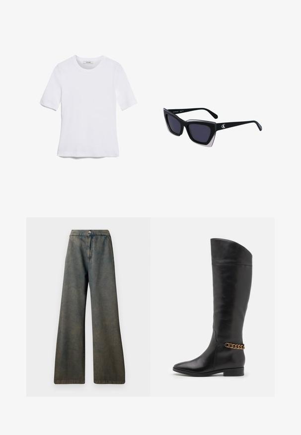 Bílá tričko s krátkým rukávem vyrobené z žebrované tkaniny. Kulatý výstřih, normální střih a jemné detaily šití. Bez vzorů nebo grafik.; Kalhoty s širokými nohavicemi z denimu, s vybledlou modrošedou barvou, s knoflíkovým zapínáním a rovnými švy. Texturovaná látka s jemným leskem.; Vysoké černé kožené boty s elegantním designem, špičatou špičkou a zlatým řetízkem na kotníku. Nízký blokový podpatek. Hladká textura.; Černé oversized sluneční brýle geometrického tvaru, s tmavými skly a kontrastním šedým detailem na rámu. Logo na rameni.