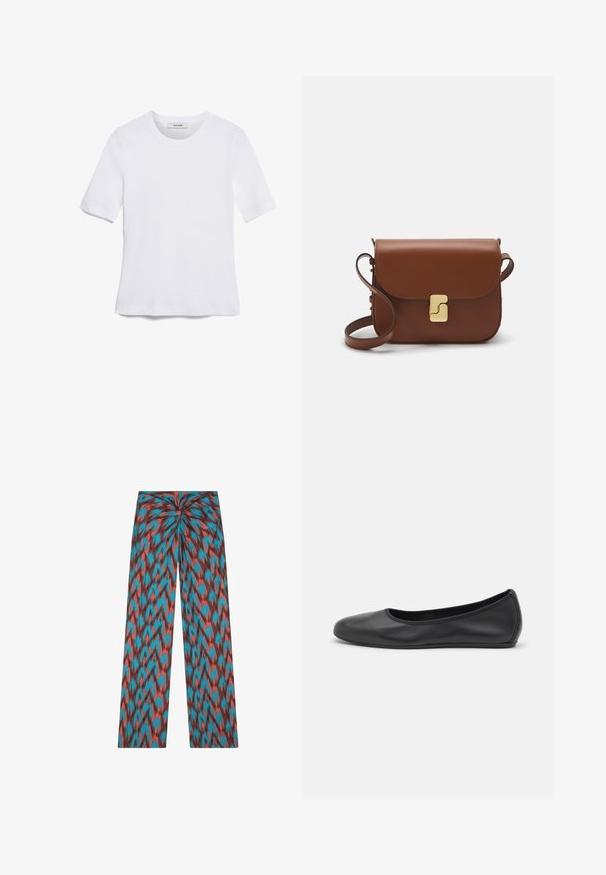 T-shirt blanc à manches courtes en tissu côtelé. Col rond, coupe régulière et détails de couture subtils. Aucune motif ni graphique.; Pantalons larges en tissu avec un motif abstrait turquoise, rouge et marron ; design drapé avec un twist à la taille.; Ballerines en cuir noir avec un bout rond, texture lisse, détails de couture minimalistes et design de semelle flexible.; Sac à main en cuir marron avec une fermeture à rabat, des accents en métal doré, une bandoulière et une texture lisse. Forme rectangulaire compacte.
