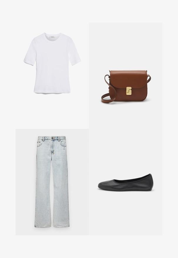 Bijela majica s kratkim rukavima izrađena od rebraste tkanine. Okrugli izrez, klasičan kroj i suptilni detalji šivanja. Bez uzoraka ili grafika.; Svijetloplave traperice širokih nogavica, s klasičnim dizajnom od pet džepova, zatvaranjem na dugme i suptilnim detaljima habanja.; Crne kožne baletanke s zaobljenim vrhom, glatke teksture, minimalnim detaljima šavova i fleksibilnim dizajnom potplata.; Smeđa kožna torba s preklopom, zlatnim detaljima, remenom za nošenje preko ramena i glatkom teksturom. Kompaktni pravokutni oblik.