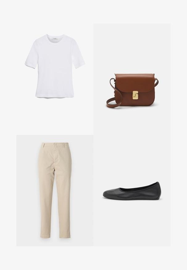 Balta trumpa rankovėmis marškinėliai, pagaminti iš pasiruošusio audinio. Apvali iškirptė, reguliari tinkamumas ir subtilūs siuvimo detalės. Be raštų ar grafikos.; Šviesiai rudos spalvos medvilniniai kelnes su tiesiu kirpimu, diržo kilputėmis ir užtrauktuku. Audinys turi lygią tekstūrą ir jokios matomos raštus ar akcentus.; Juodai odiniai baletai su apvaliu pirštu, lygi texture, minimalus siuvimo detales ir lanksčiu padų dizainu.; Ruda odinė rankinė su uždaromu dangteliu, aukso spalvos detalėmis, petneša ir lygiu paviršiumi. Kompaktiška stačiakampio formos.