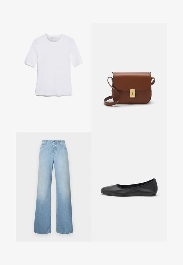 Bílá tričko s krátkým rukávem vyrobené z žebrované tkaniny. Kulatý výstřih, normální střih a jemné detaily šití. Bez vzorů nebo grafik.; Světle modré, široké džíny vyrobené z denimu, s vysokým pasem, pěti kapsami a zapínáním na knoflík. Hladká textura s vybledlými detaily.; Černé kožené baletní byty s kulatou špičkou, hladkou texturou, minimálními švy a flexibilním designem podrážky.; Hnědá kožená kabelka s klopou, zlatými kovovými detaily, ramenním popruhem a hladkým povrchem. Kompaktní obdélníkový tvar.