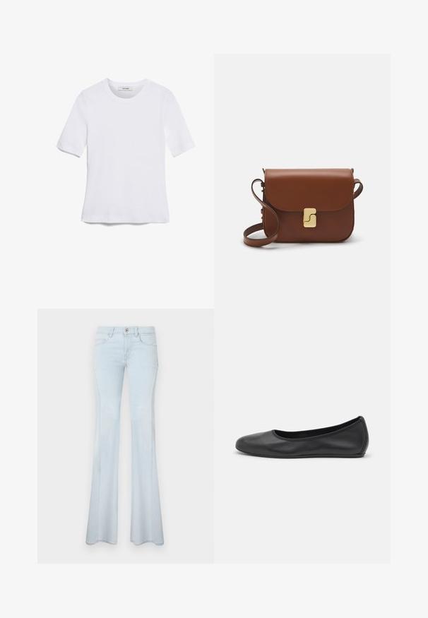 Balta trumpa rankovėmis marškinėliai, pagaminti iš pasiruošusio audinio. Apvali iškirptė, reguliari tinkamumas ir subtilūs siuvimo detalės. Be raštų ar grafikos.; Šviesiai mėlynos džinsinės kelnes su platėjimu. Ypatybės: mygtuko užsegimas, penki kišenės ir subtilus siuvinėjimas. Sluoksniuota tekstūra ir plačios kojos.; Juodai odiniai baletai su apvaliu pirštu, lygi texture, minimalus siuvimo detales ir lanksčiu padų dizainu.; Ruda odinė rankinė su uždaromu dangteliu, aukso spalvos detalėmis, petneša ir lygiu paviršiumi. Kompaktiška stačiakampio formos.