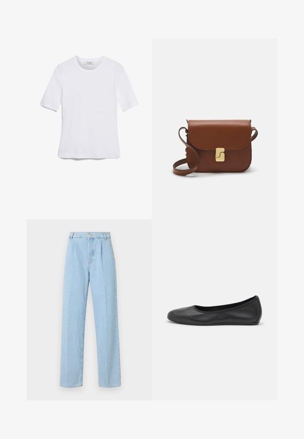 Balta trumpa rankovėmis marškinėliai, pagaminti iš pasiruošusio audinio. Apvali iškirptė, reguliari tinkamumas ir subtilūs siuvimo detalės. Be raštų ar grafikos.; Šviesiai mėlyni džinsai su aukštu liemeniu, tiesiomis kojomis, priekinėmis raukšlėmis ir užtrauktuku, kuris užsegamas vienu mygtuku.; Juodai odiniai baletai su apvaliu pirštu, lygi texture, minimalus siuvimo detales ir lanksčiu padų dizainu.; Ruda odinė rankinė su uždaromu dangteliu, aukso spalvos detalėmis, petneša ir lygiu paviršiumi. Kompaktiška stačiakampio formos.