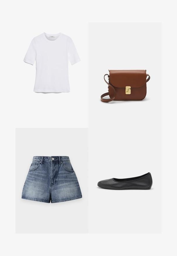 Balta īsām piedurknēm T-krekls, izgatavots no ribota auduma. Apaļš izgriezums, regulāra piegriezuma un diskrēti šuvumu detaļas. Bez printiem vai grafikām.; Augsti vidukļa džinsi šorti, kas izgatavoti no zila mazgāšanas auduma. Iekļauj piecas kabatas, priekšējo pogu aizdari un nedaudz nolietotu tekstūru.; Melna ādas baleta kurpe ar noapaļotu purngalu, gludu tekstūru, minimālu šuvju detalizāciju un elastīgu zoles dizainu.; Bordo ādas rokas soma ar atloku, zeltītām detaļām, plecu siksnu un gludu virsmu. Kompakta, taisnstūrveida forma.