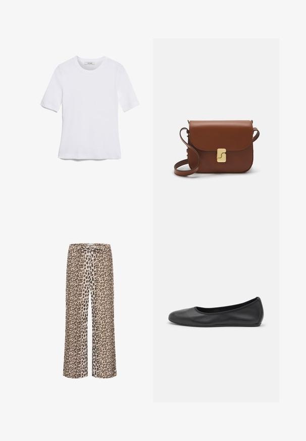 Witte korte mouwen t-shirt van ribstof. Ronde halslijn, normale pasvorm en subtiele stiksels. Geen patronen of grafische elementen.; Luipaardprint broek van lichtgewicht stof, met een wijduitlopende pasvorm en een drawstring tailleband. De dominante kleuren zijn beige, bruin en zwart.; Zwarte leren ballerina met een ronde neus, gladde textuur, minimale stikdetails en een flexibele zoolontwerp.; Bruine leren handtas met een klep sluiting, gouden hardware, een schouderband en een gladde textuur. Compact rechthoekige vorm.