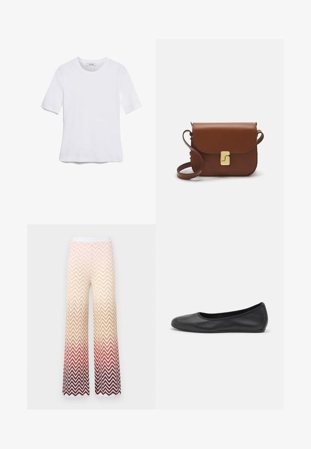 Biela krátka tričko s krátkymi rukávmi vyrobené z rebrovanej látky. Klasický okrúhly výstrih, bežný strih a jemné švy. Bez vzorov alebo grafiky.; Široké pletené nohavice s cik-cak vzorom, prechádzajúcim od krémovej cez oranžovú až po tmavo červenú, s bielym elastickým pásom.; Čierne kožené baleríny s okrúhlou špičkou, hladkým povrchom, minimálnym prešívaním a flexibilným dizajnom podrážky.; Hnedá kožená kabelka s klopou, zlatými kovovými prvkami, ramenným popruhom a hladkým povrchom. Kompaktný obdĺžnikový tvar.