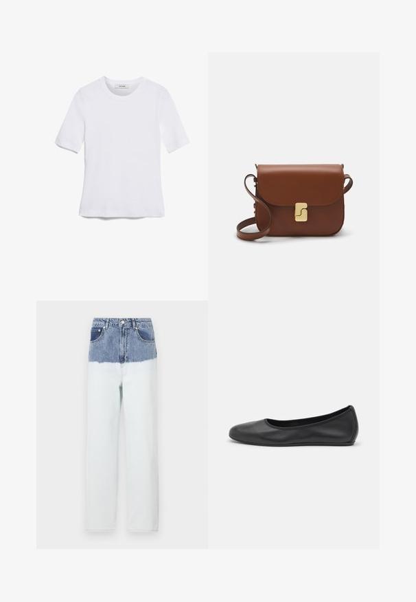 Bela kratka majica s kratkimi rokavi iz rebrastega materiala. Okrogla ovratnica, običajen kroj in subtilni šivi. Brez vzorcev ali grafik.; Denim jeans z modrim zgornjim delom, ki prehaja v svetlejši modri spodnji del. Imajo pet žepov, gumbno zapiranje in ravne hlačnice.; Črne usnjene balerinke z zaobljenim nosom, gladko teksturo, minimalnimi šivi in fleksibilno zasnovo podplata.; Rjava usnjena torbica s poklopcem, zlato obarvani okovi, naramnica in gladka tekstura. Kompaktna pravokotna oblika.