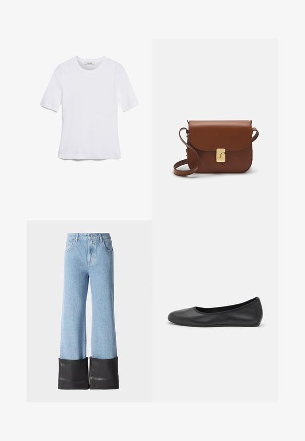 Balta trumpa rankovėmis marškinėliai, pagaminti iš pasiruošusio audinio. Apvali iškirptė, reguliari tinkamumas ir subtilūs siuvimo detalės. Be raštų ar grafikos.; Šviesiai mėlynos plačių kojų džinsai su aukštu liemeniu ir juodais odiniais rankogaliais apvadu. Yra klasikiniai džinsinio audinio siūlai ir penkių kišenių dizainas.; Juodai odiniai baletai su apvaliu pirštu, lygi texture, minimalus siuvimo detales ir lanksčiu padų dizainu.; Ruda odinė rankinė su uždaromu dangteliu, aukso spalvos detalėmis, petneša ir lygiu paviršiumi. Kompaktiška stačiakampio formos.