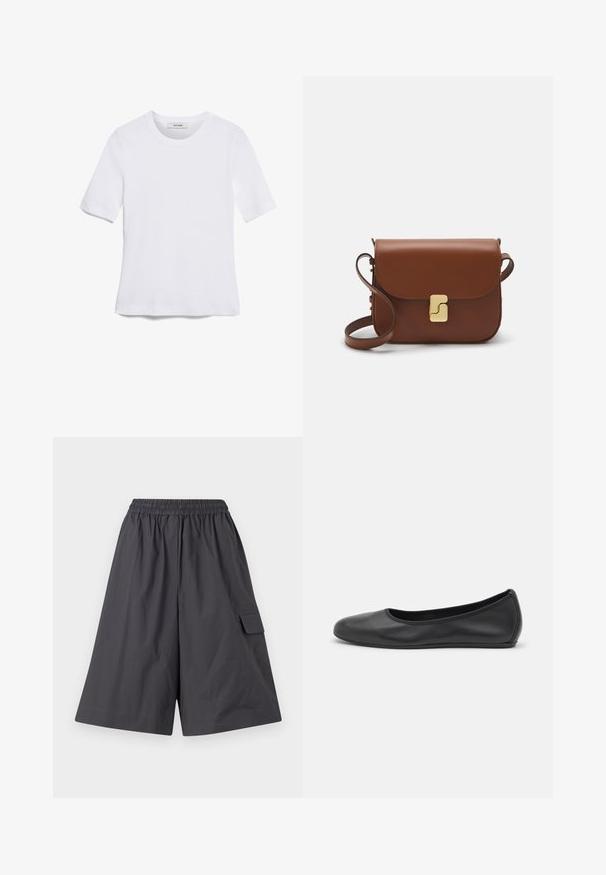 Biela krátka tričko s krátkymi rukávmi vyrobené z rebrovanej látky. Klasický okrúhly výstrih, bežný strih a jemné švy. Bez vzorov alebo grafiky.; Tmavé šedé šortky s elastickým pásom, rovnou prednou časťou a bočnou cargo vreckom. Vyrobené z ľahkej tkaniny. Voľný, široký strih nohavíc.; Čierne kožené baleríny s okrúhlou špičkou, hladkým povrchom, minimálnym prešívaním a flexibilným dizajnom podrážky.; Hnedá kožená kabelka s klopou, zlatými kovovými prvkami, ramenným popruhom a hladkým povrchom. Kompaktný obdĺžnikový tvar.