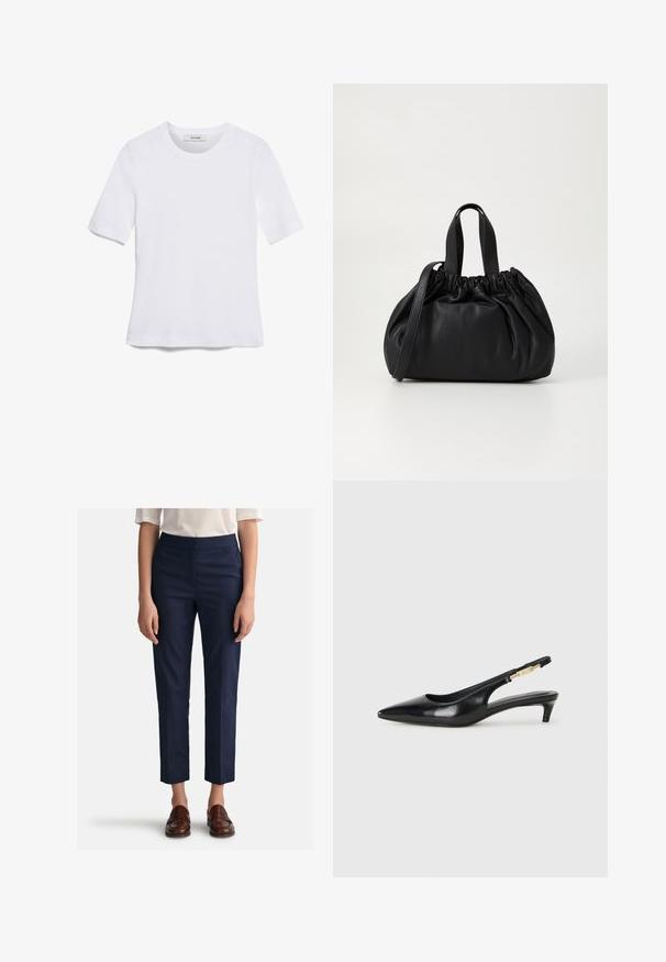 Fehér, rövid ujjú póló ribbed anyagból. Kerek nyakkivágás, normál szabás és diszkrét varrási részletek. Nincsenek minták vagy grafikák.; Sötétkék egyenes szabású nadrág, sima anyagból, lapos elülső résszel és oldalsó zsebekkel. Barna mokaszinokkal párosítva.; Fekete bőr slingback magassarkúk, hegyes orral, vékony sarkakkal és arany színű részlettel a állítható pánton. Simа felület.; Fekete bőr kézitáska, összegyűrt felső dizájnnal, két rövid fülekkel és egy hosszú, állítható pánttal. Simább textúra, lekerekített forma.