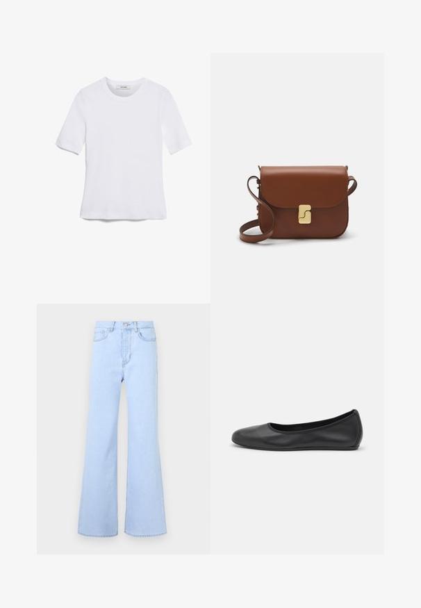 Valge lühikeste varrukatega T-särk ribatud kangast. Ümara kaelusega, tavalisest sobivusest ja peente õmbluse detailidega. Ilma mustrite või graafikateta.; Heledad sinine paanega teksad kõrge vöökohaga, viie taskuga, nööbikäiga ja ühtlase denimi tekstuuriga. Äär on korralikult õmmeldud.; Musthave mustika tantsutossud mustast nahast, ümmarguse varbaga, siledast tekstuurist, minimaalse õmblusdetailiga ja paindliku tallakujundusega.; Pruunist nahast käekott, millel on klapiga sulgur, kuldne riistvara, õlarihm ja sile tekstuur. Kompaktne ristkülikukujuline vorm.