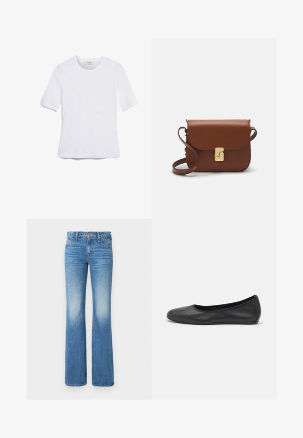 Camiseta de manga corta blanca hecha de tela de canalé. Cuello redondo, corte regular y detalles de costura sutiles. Sin patrones ni gráficos.; Vaqueros acampanados de un azul claro, hechos de mezclilla, con un diseño desgastado, estilo de cinco bolsillos y cierre de botón y cremallera en la parte delantera.; Bailarina de piel negra con punta redondeada, textura suave, detalle de costura minimalista y diseño de suela flexible.; Bolso de mano de cuero marrón con cierre de solapa, herrajes en tono dorado, correa para el hombro y una textura suave. Forma rectangular compacta.