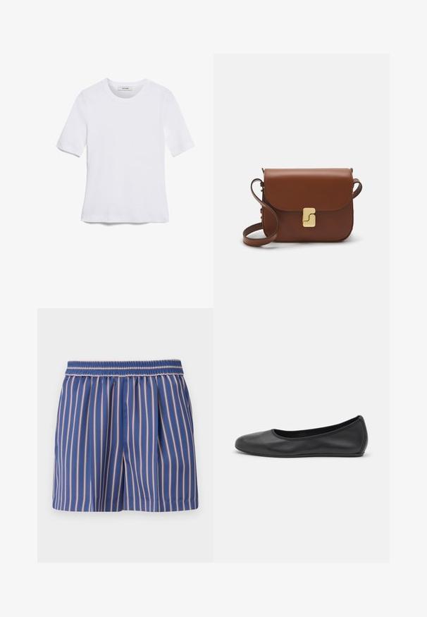 T-shirt blanc à manches courtes en tissu côtelé. Col rond, coupe régulière et détails de couture subtils. Aucune motif ni graphique.; Shorts rayés bleus et roses avec une taille élastique, en tissu léger, et des plis pour ajouter du volume. Coupe droite classique.; Ballerines en cuir noir avec un bout rond, texture lisse, détails de couture minimalistes et design de semelle flexible.; Sac à main en cuir marron avec une fermeture à rabat, des accents en métal doré, une bandoulière et une texture lisse. Forme rectangulaire compacte.