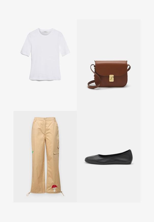 Balta trumpa rankovėmis marškinėliai, pagaminti iš pasiruošusio audinio. Apvali iškirptė, reguliari tinkamumas ir subtilūs siuvimo detalės. Be raštų ar grafikos.; Bežinės cargo kelnės, pagamintos iš lygios medžiagos, su išsiuvinėtu grybų ir palmių lapo motyvu, reguliuojamais kraštais ir šoniniais kišenėmis.; Juodai odiniai baletai su apvaliu pirštu, lygi texture, minimalus siuvimo detales ir lanksčiu padų dizainu.; Ruda odinė rankinė su uždaromu dangteliu, aukso spalvos detalėmis, petneša ir lygiu paviršiumi. Kompaktiška stačiakampio formos.