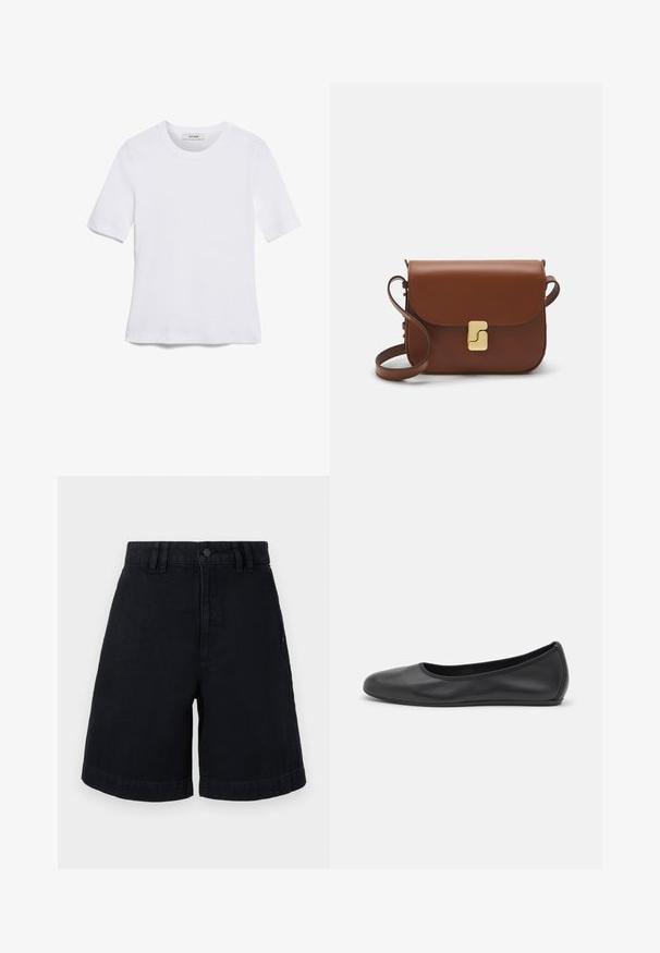 White short-sleeve t-shirt made of ribbed fabric. Round neckline, regular fit, and subtle stitching details. No patterns or graphics.; Black denim shorts with a straight cut, featuring a button closure, belt loops, and rolled hems. Smooth texture with subtle stitching details.; Black leather ballet flat with a rounded toe, smooth texture, minimal stitching detail, and a flexible sole design.; Brown leather handbag with a flap closure, gold-tone hardware, a shoulder strap, and a smooth texture. Compact rectangular shape.