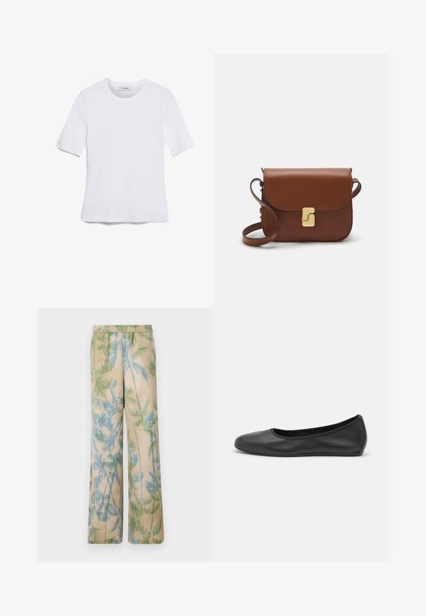 T-shirt blanc à manches courtes en tissu côtelé. Col rond, coupe régulière et détails de couture subtils. Aucune motif ni graphique.; Pantalons légers à coupe décontractée de couleur beige avec des imprimés de feuilles de palmier verts et bleus, dotés d'une taille élastiquée et de jambes larges.; Ballerines en cuir noir avec un bout rond, texture lisse, détails de couture minimalistes et design de semelle flexible.; Sac à main en cuir marron avec une fermeture à rabat, des accents en métal doré, une bandoulière et une texture lisse. Forme rectangulaire compacte.