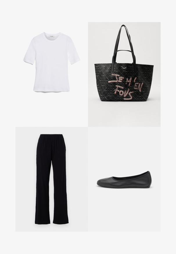Bílá tričko s krátkým rukávem vyrobené z žebrované tkaniny. Kulatý výstřih, normální střih a jemné detaily šití. Bez vzorů nebo grafik.; Černé, lehké kalhoty s elastickým pasem a rovnými nohavicemi. Měkká textura bez viditelných vzorů nebo akcentů. Jednoduchý a všestranný styl.; Černé kožené baletní byty s kulatou špičkou, hladkou texturou, minimálními švy a flexibilním designem podrážky.; Černá taška přes rameno z texturovaného materiálu s diamantovým vzorem, ramenními popruhy a odvážným červeným a bílým nápisem "JE M'EN FOUS."