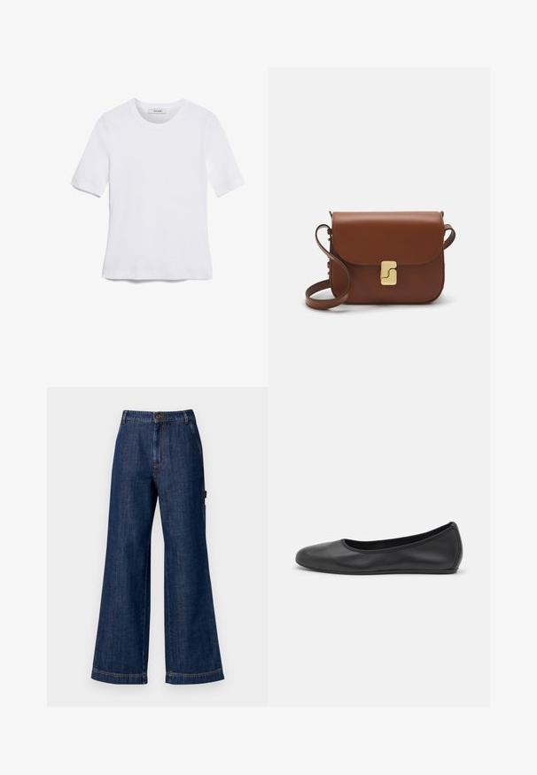 Valge lühikeste varrukatega T-särk ribatud kangast. Ümara kaelusega, tavalisest sobivusest ja peente õmbluse detailidega. Ilma mustrite või graafikateta.; Tumedate kinnased tumedas indigos. Omab standardset vöökohta nupu ja küljetaskutega ning sirgeid ääri. Klassikaline viie-tasku disain.; Musthave mustika tantsutossud mustast nahast, ümmarguse varbaga, siledast tekstuurist, minimaalse õmblusdetailiga ja paindliku tallakujundusega.; Pruunist nahast käekott, millel on klapiga sulgur, kuldne riistvara, õlarihm ja sile tekstuur. Kompaktne ristkülikukujuline vorm.