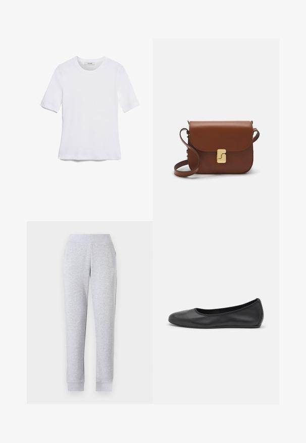 Weißes kurzärmliges T-Shirt aus geripptem Stoff. Runder Halsausschnitt, normale Passform und dezente Nähte. Keine Muster oder Grafiken.; Graue Jogginghose mit taillierter Passform, elastischem Bund, gerippten Bündchen und Seitentaschen. Der Stoff wirkt weich und leicht strukturiert.; Schwarze Leder-Ballettschuhe mit abgerundeter Spitze, glatter Textur, minimalen Nähdetails und einem flexiblen Sohlen-Design.; Braune Ledertasche mit Klappenverschluss, Beschlägen in Goldfarbe, einem Schultergurt und einer glatten Oberfläche. Kompakte rechteckige Form.