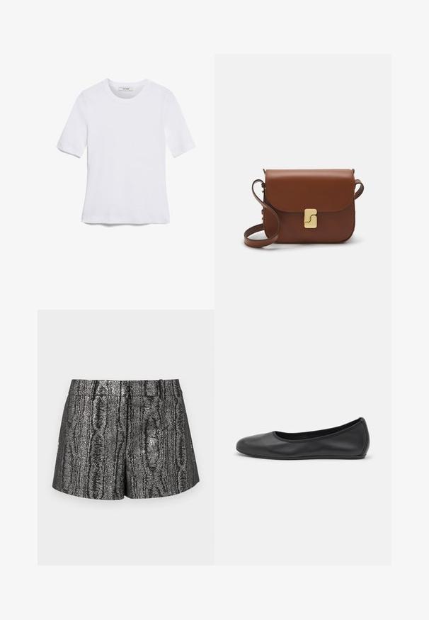 Camiseta de manga corta blanca hecha de tela de canalé. Cuello redondo, corte regular y detalles de costura sutiles. Sin patrones ni gráficos.; Pantalones cortos negros y plateados con un acabado metálico texturizado y un sutil patrón de vetas de madera, corte recto y cintura estándar.; Bailarina de piel negra con punta redondeada, textura suave, detalle de costura minimalista y diseño de suela flexible.; Bolso de mano de cuero marrón con cierre de solapa, herrajes en tono dorado, correa para el hombro y una textura suave. Forma rectangular compacta.