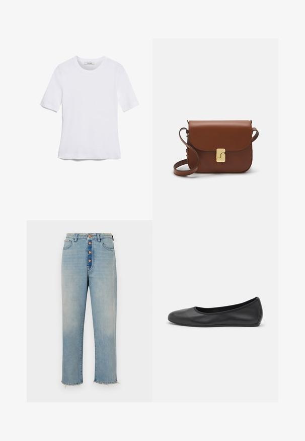 Balta īsām piedurknēm T-krekls, izgatavots no ribota auduma. Apaļš izgriezums, regulāra piegriezuma un diskrēti šuvumu detaļas. Bez printiem vai grafikām.; Gai zila denima bikses ar augstu jostasvietu, piecu pogu aizdari un saplēstu apakšmalu. Ir aizmugurējās kabatas un brīvi pieguļošs taisnas kāju stils.; Melna ādas baleta kurpe ar noapaļotu purngalu, gludu tekstūru, minimālu šuvju detalizāciju un elastīgu zoles dizainu.; Bordo ādas rokas soma ar atloku, zeltītām detaļām, plecu siksnu un gludu virsmu. Kompakta, taisnstūrveida forma.