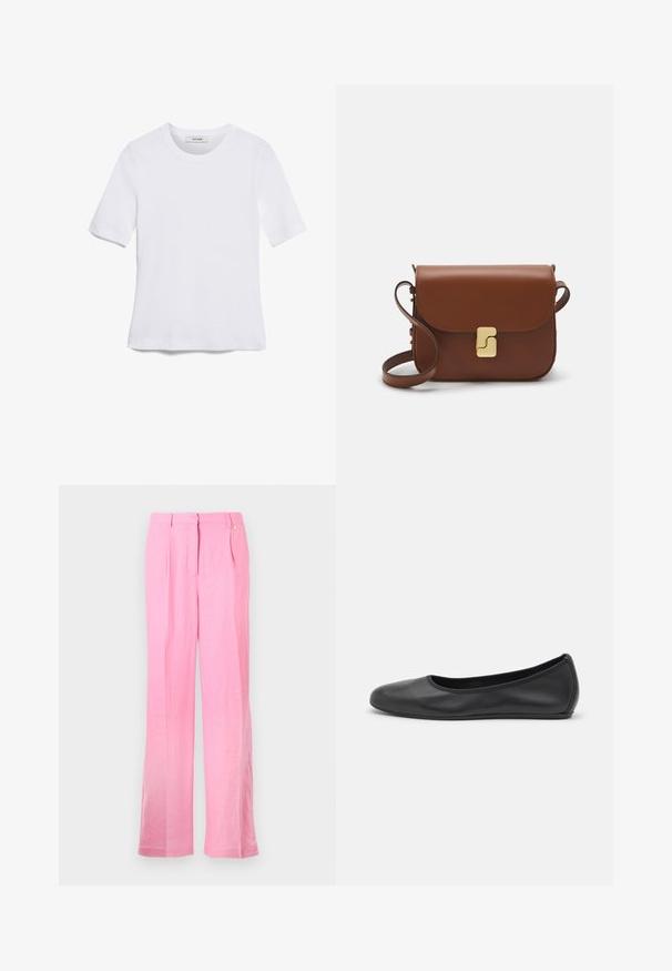 Valge lühikeste varrukatega T-särk ribatud kangast. Ümara kaelusega, tavalisest sobivusest ja peente õmbluse detailidega. Ilma mustrite või graafikateta.; Roosa linane püksid lõdva lõikega, millel on ees voldid, nupuga sulgemine ja küljetaskud. Sile tekstuur ja sirge jalgade disain.; Musthave mustika tantsutossud mustast nahast, ümmarguse varbaga, siledast tekstuurist, minimaalse õmblusdetailiga ja paindliku tallakujundusega.; Pruunist nahast käekott, millel on klapiga sulgur, kuldne riistvara, õlarihm ja sile tekstuur. Kompaktne ristkülikukujuline vorm.