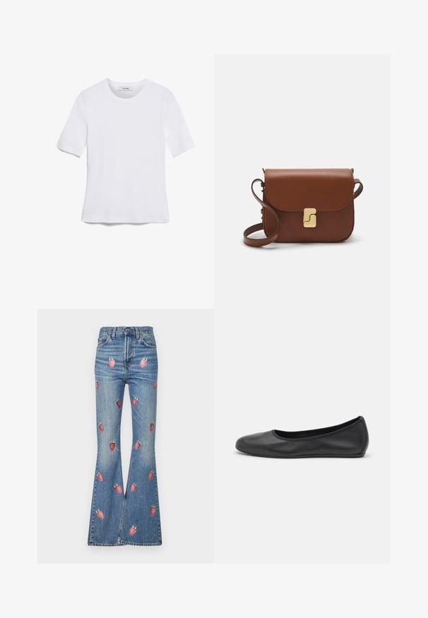 Biała koszulka krótki rękaw wykonana z materiału prążkowanego. Okrągły dekolt, regularny krój i subtelne detale szwów. Bez wzorów ani grafik.; Jasnoniebieskie dżinsy dzwonowate z czerwonym haftem truskawek na całej powierzchni. Wysoki stan z tradycyjnym pięciokomorowym krojem.; Czarne skórzane baletki z zaokrąglonym noskiem, gładką fakturą, minimalnymi przeszyciami i elastycznym designem podeszwy.; Brązowa skórzana torebka na ramię z klapką, złotymi detalami, paskiem na ramię i gładką teksturą. Kompaktowy prostokątny kształt.