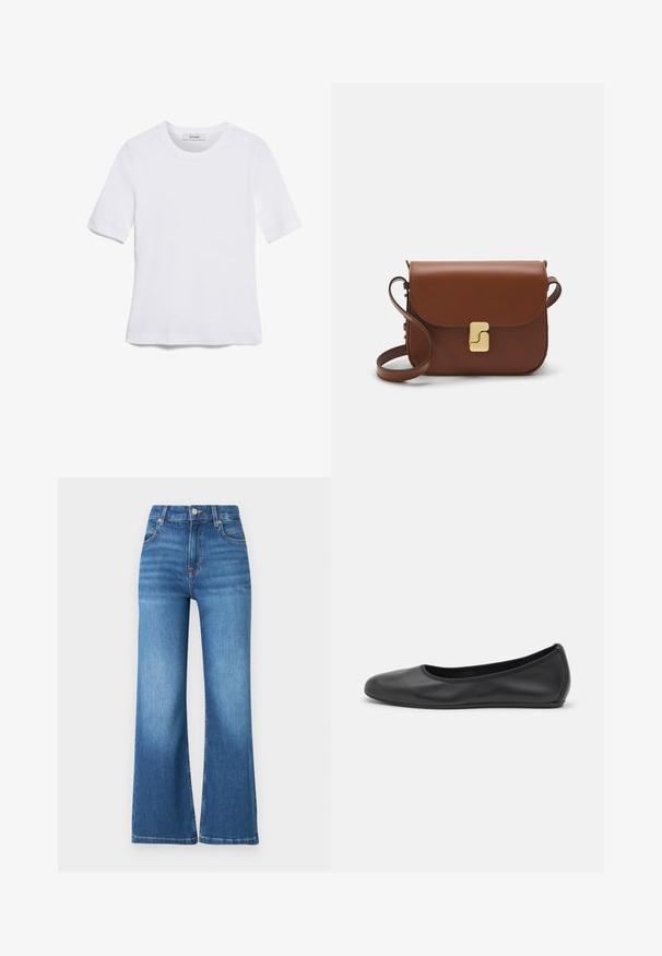 Tricou alb cu mânecă scurtă, confectionat dintr-un material texturat. Gât rotund, tăietură regulară și detalii subtile de cusătură. Fără modele sau grafice.; Jeans evazați, înalți, de culoare albastră, confecționați din denim, cu un finisaj albastru mediu, cinci buzunare și detalii subtile de cusătură pe cusături.; Balerini din piele neagră, cu vârf rotund, textură netedă, detalii de cusătură minimale și un design al tălpii flexibil.; Geantă de piele maro cu închidere tip capac, accesorii de culoare aurie, curea de umăr și o textură netedă. Formă compactă și rectangulară.