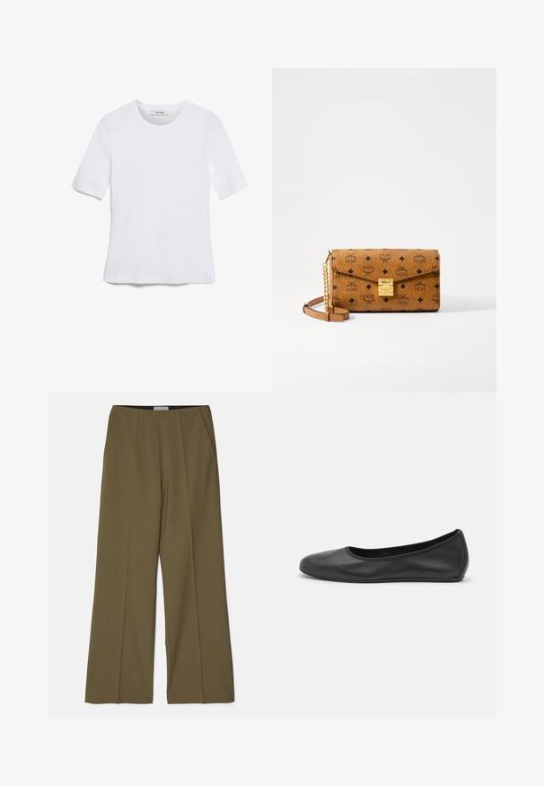Witte korte mouwen t-shirt van ribstof. Ronde halslijn, normale pasvorm en subtiele stiksels. Geen patronen of grafische elementen.; Olijfgroene wijde broek met zijzakken en een voornaad, gemaakt van zachte stof door Tiger of Sweden.; Zwarte leren ballerina met een ronde neus, gladde textuur, minimale stikdetails en een flexibele zoolontwerp.; Bruine leren handtas met reliëf logo patroon, gouden hardware, opklapbare klep en een afneembare ketting- en leren schouderband. Afmetingen zijn niet gespecificeerd.