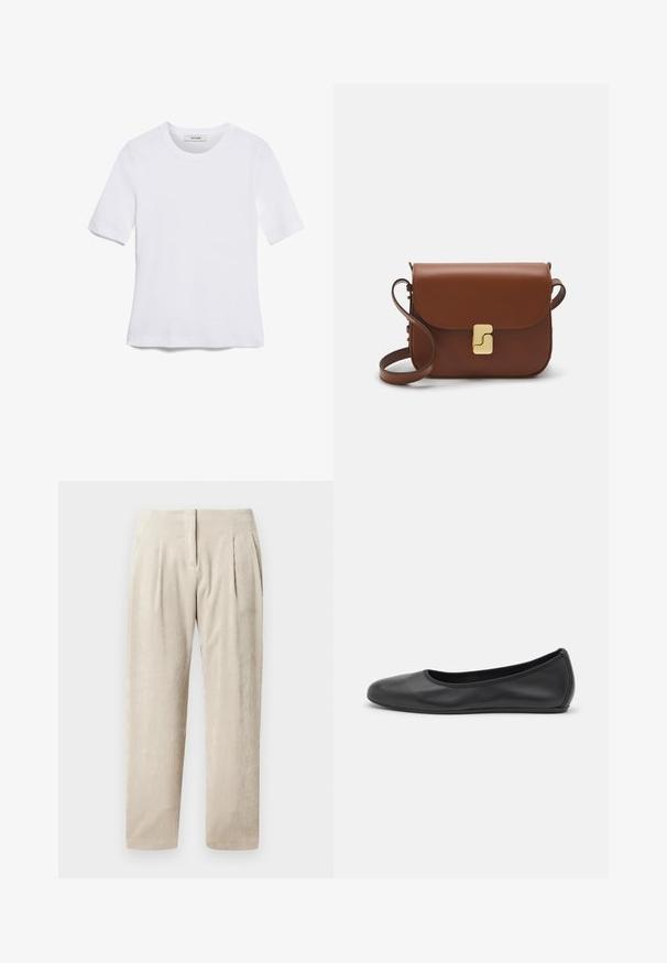 Tricou alb cu mânecă scurtă, confectionat dintr-un material texturat. Gât rotund, tăietură regulară și detalii subtile de cusătură. Fără modele sau grafice.; Pantaloni din bumbac bej cu nervuri verticale, având două pliuri frontale, o croială ajustată și un design drept.; Balerini din piele neagră, cu vârf rotund, textură netedă, detalii de cusătură minimale și un design al tălpii flexibil.; Geantă de piele maro cu închidere tip capac, accesorii de culoare aurie, curea de umăr și o textură netedă. Formă compactă și rectangulară.