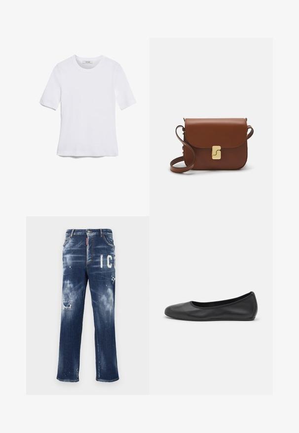 T-shirt blanc à manches courtes en tissu côtelé. Col rond, coupe régulière et détails de couture subtils. Aucune motif ni graphique.; Jeans en denim bleu foncé avec des patchs déchirés, des éclaboussures de peinture claires et de grandes lettres blanches. Conception à jambe droite avec une coupe classique.; Ballerines en cuir noir avec un bout rond, texture lisse, détails de couture minimalistes et design de semelle flexible.; Sac à main en cuir marron avec une fermeture à rabat, des accents en métal doré, une bandoulière et une texture lisse. Forme rectangulaire compacte.