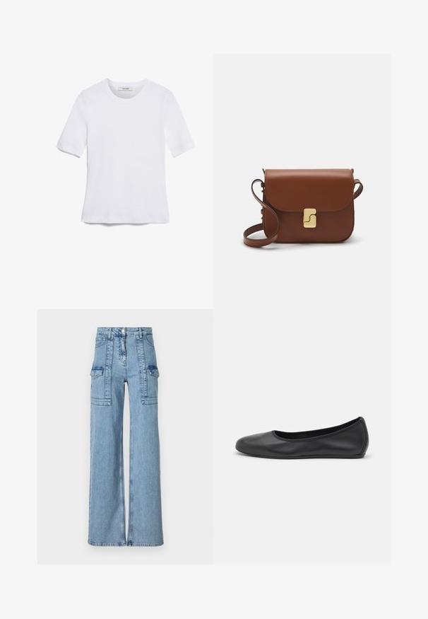 T-shirt de manga curta branca feita de tecido canelado. Decote redondo, ajuste regular e detalhes de costura subtis. Sem padrões ou gráficos.; Calças de ganga de perna larga em azul claro com uma cintura alta, múltiplos bolsos e um corte reto. Apresenta um fecho éclair na frente para um estilo único.; Bailarina preta em pele com bico arredondado, textura suave, detalhe de costura minimalista e design de sola flexível.; Bolsa de couro castanho com fecho de aba, decoração em tom dourado, alça de ombro e textura suave. Formato retangular compacto.