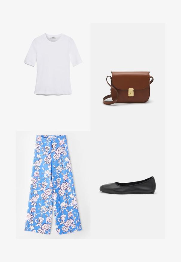 Bela kratka majica s kratkimi rokavi iz rebrastega materiala. Okrogla ovratnica, običajen kroj in subtilni šivi. Brez vzorcev ali grafik.; Modri cvetlični hlače z rožnatim vzorcem v pastelnih odtenkih. Tkanina je gladka, s sproščenim krojem, širokimi hlačnicami in elastičnim pasom.; Črne usnjene balerinke z zaobljenim nosom, gladko teksturo, minimalnimi šivi in fleksibilno zasnovo podplata.; Rjava usnjena torbica s poklopcem, zlato obarvani okovi, naramnica in gladka tekstura. Kompaktna pravokotna oblika.
