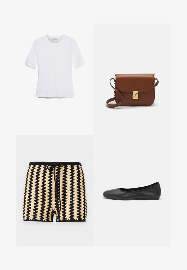 Biała koszulka krótki rękaw wykonana z materiału prążkowanego. Okrągły dekolt, regularny krój i subtelne detale szwów. Bez wzorów ani grafik.; Czarne i beżowe szydełkowe szorty kąpielowe z regulowanym paskiem w talii, posiadające zdobiony wzór w naprzemiennych kolorach oraz długość do połowy uda.; Czarne skórzane baletki z zaokrąglonym noskiem, gładką fakturą, minimalnymi przeszyciami i elastycznym designem podeszwy.; Brązowa skórzana torebka na ramię z klapką, złotymi detalami, paskiem na ramię i gładką teksturą. Kompaktowy prostokątny kształt.