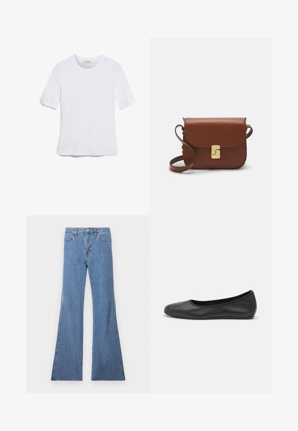 Witte korte mouwen t-shirt van ribstof. Ronde halslijn, normale pasvorm en subtiele stiksels. Geen patronen of grafische elementen.; Lichtblauwe denim flare jeans met een hoge taille, met een klassieke vijf-pocket design en contrasterende stiksels langs de naden.; Zwarte leren ballerina met een ronde neus, gladde textuur, minimale stikdetails en een flexibele zoolontwerp.; Bruine leren handtas met een klep sluiting, gouden hardware, een schouderband en een gladde textuur. Compact rechthoekige vorm.