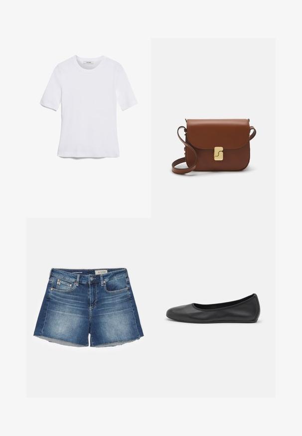 Valkoinen lyhythihainen t-paita, joka on valmistettu ribbytedusta kankaasta. Pyöreä pääntiie, normaali istuvuus ja hienovaraiset ompeluyksityiskohdat. Ei kuvioita tai grafiikkaa.; Siniset farkkushortit, joissa on viisi taskua, vyölenkit, nappi- ja vetoketjukiinnitys sekä kuluneet reunat.; Musta nahkainen ballerina, jossa on pyöristetty kärki, sileä pinta, minimaalinen ommelkoristelu ja joustava pohjamuotoilu.; Ruskea nahkainen käsilaukku, jossa on läppäkiinnitys, kultasävyiset yksityiskohdat, olkahihna ja sileä pinta. Kompaktin suorakaiteen muotoinen.