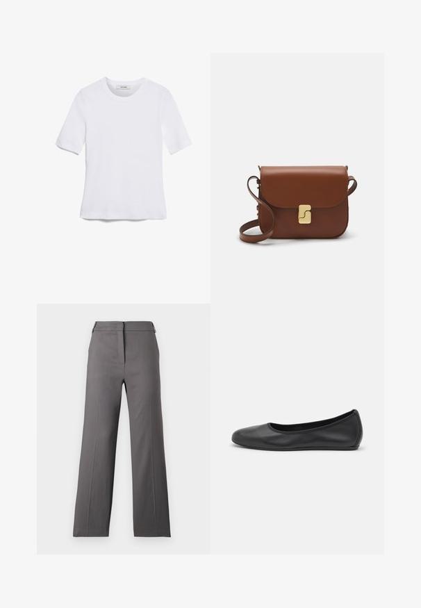 Tricou alb cu mânecă scurtă, confectionat dintr-un material texturat. Gât rotund, tăietură regulară și detalii subtile de cusătură. Fără modele sau grafice.; Pantaloni gri cu picioare largi, cu o textură netedă, având un front plat, închidere cu fermoar și detalii minime. Croiți pentru o potrivire relaxată.; Balerini din piele neagră, cu vârf rotund, textură netedă, detalii de cusătură minimale și un design al tălpii flexibil.; Geantă de piele maro cu închidere tip capac, accesorii de culoare aurie, curea de umăr și o textură netedă. Formă compactă și rectangulară.
