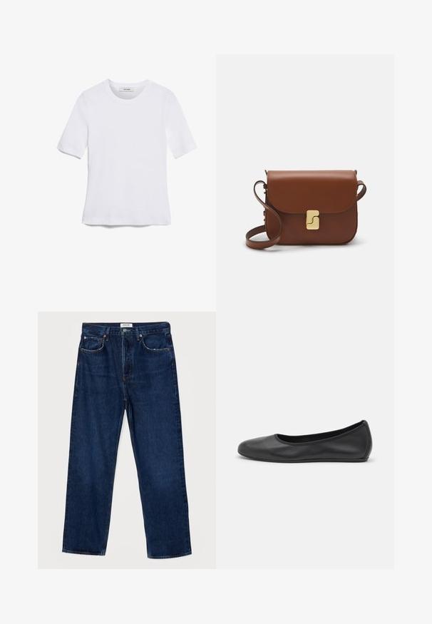 Valge lühikeste varrukatega T-särk ribatud kangast. Ümara kaelusega, tavalisest sobivusest ja peente õmbluse detailidega. Ilma mustrite või graafikateta.; Tumed sinised teksad kõrge vöökohaga, sirge lõikega, viie taskuga disainiga ja kontrastsete õmblustega. Omab nupuvärvust ja vöökohavööd.; Musthave mustika tantsutossud mustast nahast, ümmarguse varbaga, siledast tekstuurist, minimaalse õmblusdetailiga ja paindliku tallakujundusega.; Pruunist nahast käekott, millel on klapiga sulgur, kuldne riistvara, õlarihm ja sile tekstuur. Kompaktne ristkülikukujuline vorm.