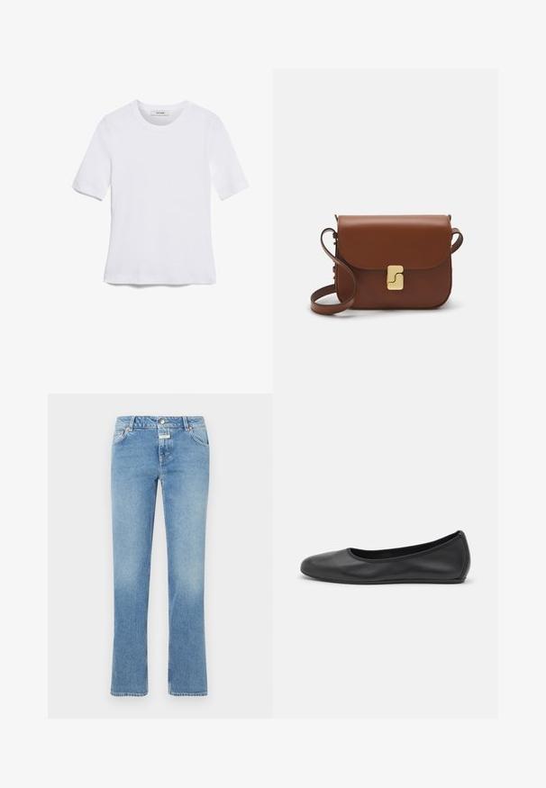 Balta trumpa rankovėmis marškinėliai, pagaminti iš pasiruošusio audinio. Apvali iškirptė, reguliari tinkamumas ir subtilūs siuvimo detalės. Be raštų ar grafikos.; Mėlyni džinsai su tiesiu kojų kirpimu, vidutinio aukščio juosmeniu, penkiais kišenėmis ir subtiliu blukimu visame audinyje.; Juodai odiniai baletai su apvaliu pirštu, lygi texture, minimalus siuvimo detales ir lanksčiu padų dizainu.; Ruda odinė rankinė su uždaromu dangteliu, aukso spalvos detalėmis, petneša ir lygiu paviršiumi. Kompaktiška stačiakampio formos.