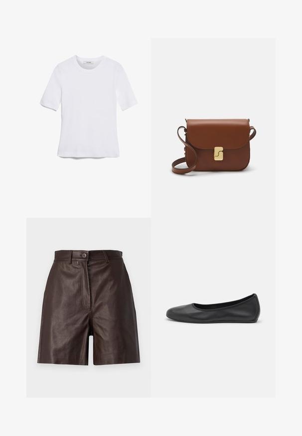 Valge lühikeste varrukatega T-särk ribatud kangast. Ümara kaelusega, tavalisest sobivusest ja peente õmbluse detailidega. Ilma mustrite või graafikateta.; WEEKEND MaxMara BIELLA - Lühikesed püksid - testa moro; Musthave mustika tantsutossud mustast nahast, ümmarguse varbaga, siledast tekstuurist, minimaalse õmblusdetailiga ja paindliku tallakujundusega.; Pruunist nahast käekott, millel on klapiga sulgur, kuldne riistvara, õlarihm ja sile tekstuur. Kompaktne ristkülikukujuline vorm.