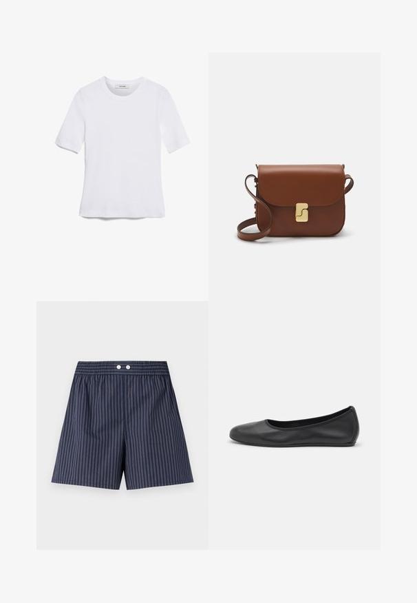 Biela krátka tričko s krátkymi rukávmi vyrobené z rebrovanej látky. Klasický okrúhly výstrih, bežný strih a jemné švy. Bez vzorov alebo grafiky.; Námořnické modré pruhované kraťasy s elastickým pasem, s dvěma bílými knoflíky vpředu, vyrobené z lehkého materiálu.; Čierne kožené baleríny s okrúhlou špičkou, hladkým povrchom, minimálnym prešívaním a flexibilným dizajnom podrážky.; Hnedá kožená kabelka s klopou, zlatými kovovými prvkami, ramenným popruhom a hladkým povrchom. Kompaktný obdĺžnikový tvar.