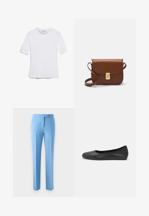 Balta īsām piedurknēm T-krekls, izgatavots no ribota auduma. Apaļš izgriezums, regulāra piegriezuma un diskrēti šuvumu detaļas. Bez printiem vai grafikām.; Gai zili bikses ar pielāgotu piegriezumu, kas ietver taisnu priekšpusi, sānu kabatas un gludu faktūru. Izstrādātas ar tīru, modernu siluetu.; Melna ādas baleta kurpe ar noapaļotu purngalu, gludu tekstūru, minimālu šuvju detalizāciju un elastīgu zoles dizainu.; Bordo ādas rokas soma ar atloku, zeltītām detaļām, plecu siksnu un gludu virsmu. Kompakta, taisnstūrveida forma.